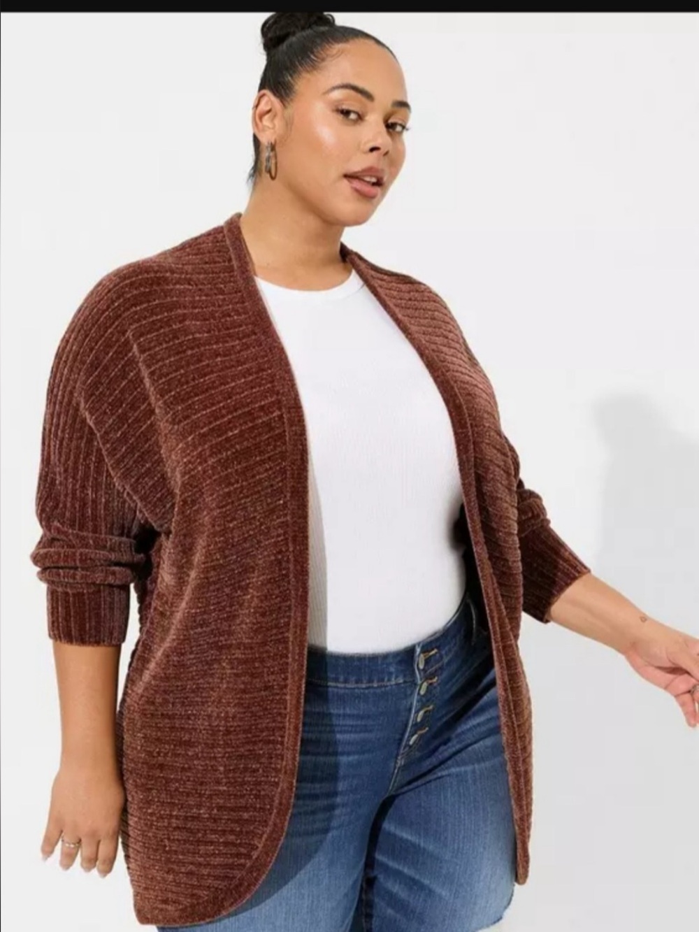 Torrid Chenille Cocoon Open Front Ribbed Sweater Root Beer Brown Size 1 1X GUC